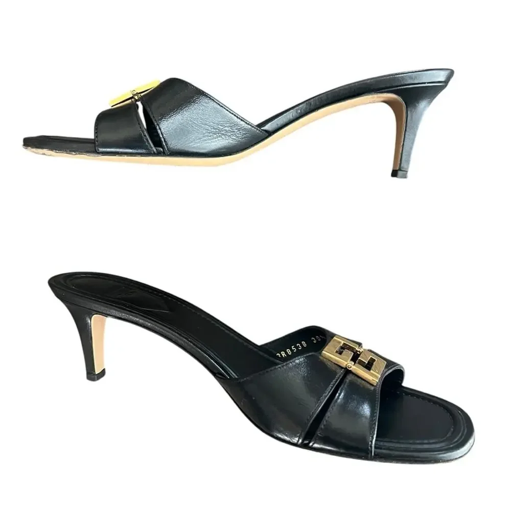 Fendi Women’s Ffold Square Toe Black Leather Gold Hardware Kitten Heel Sandals - Picture 12 of 13